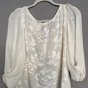 White House Black Market Ivory Chiffon Blouse Lace Back Balloon Sleeves Size 4